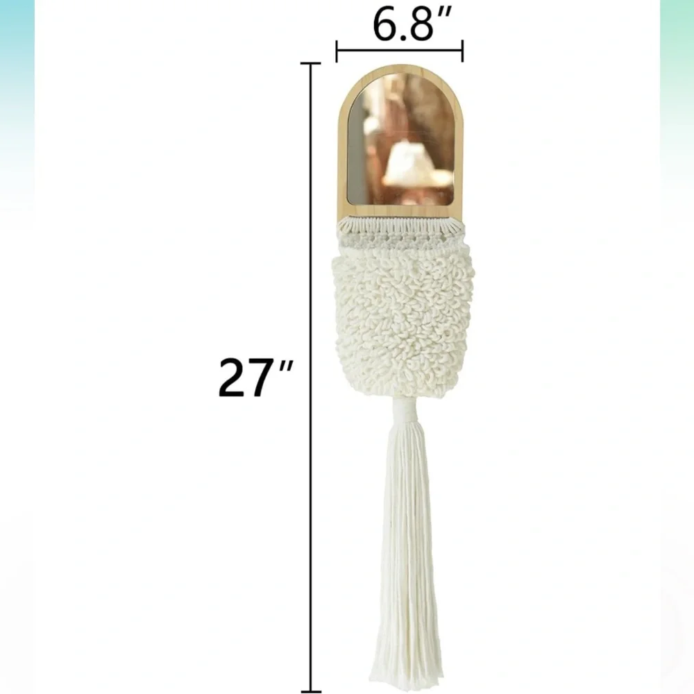 NEW White Cotton Macrame Basket Boho Wooden Mirror Wall Decor Bohemian Cottage